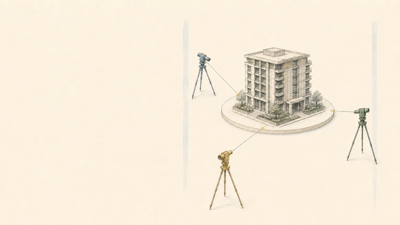 Three sighting instruments trained on one building model from different angles, their sightlines calibrated to the same object inside a bounded corridor.