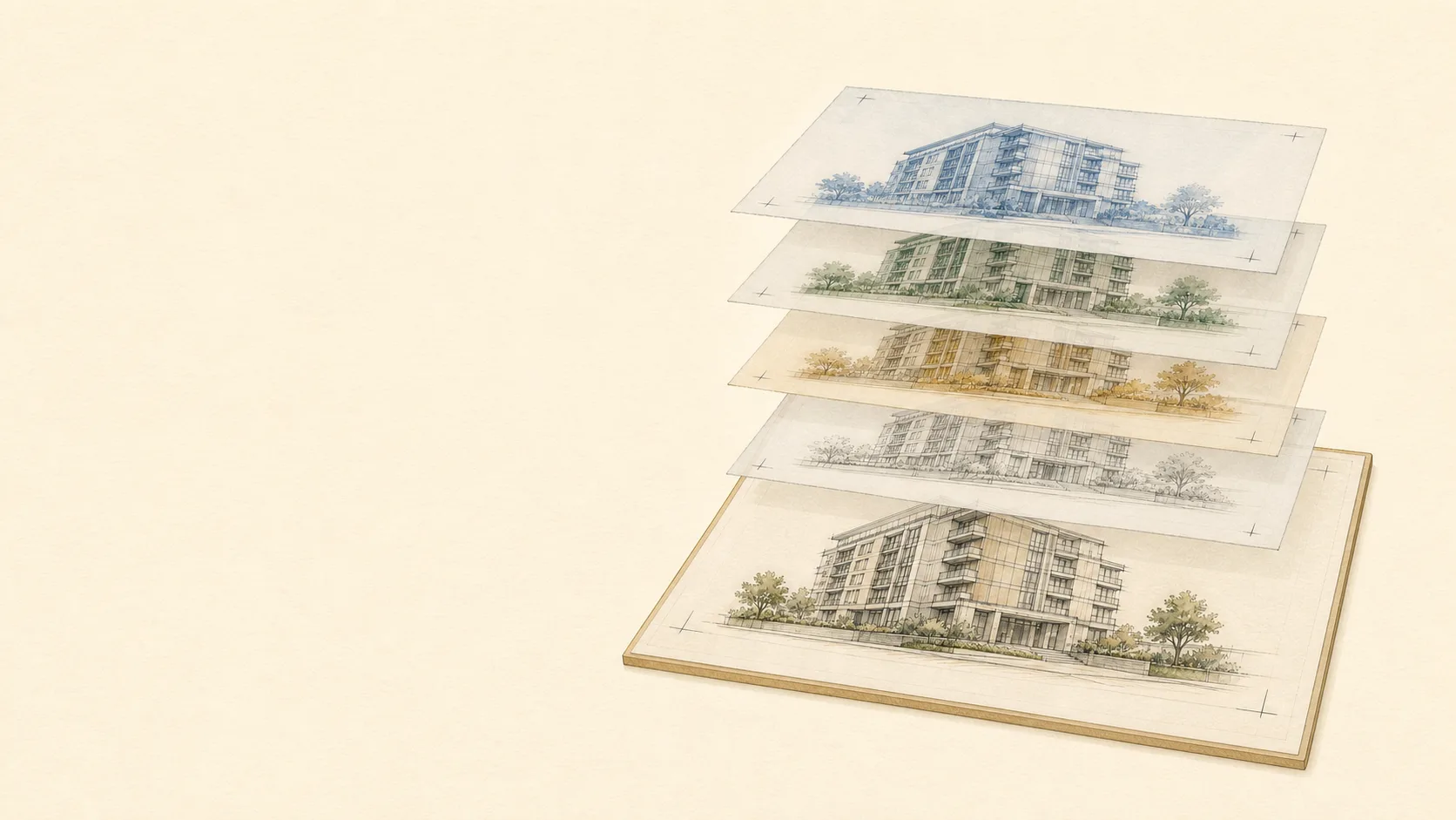 Four partial tracing-paper versions of the same building being aligned over one master drawing.