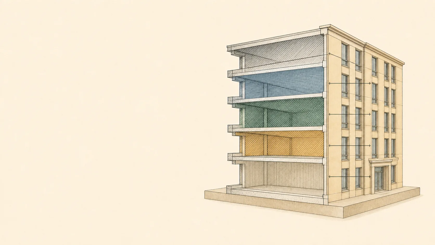A company building drawn in cross-section, revealing five distinct structural layers behind its intact facade.